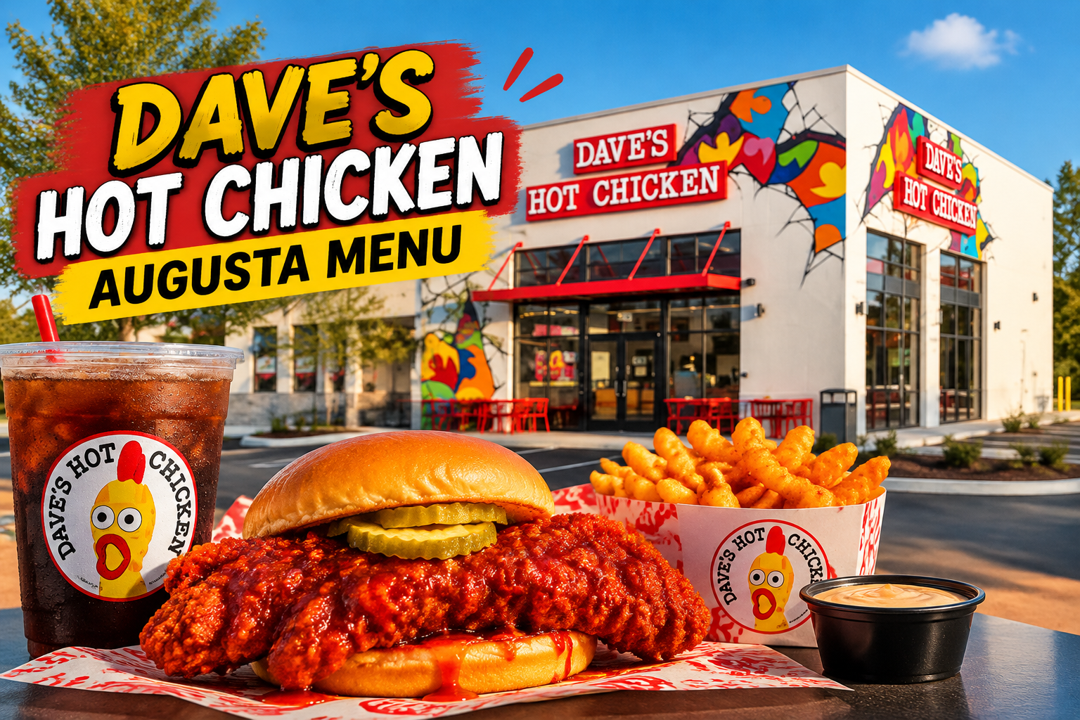 Dave's Hot Chicken Augusta restaurant exterior featuring a spicy chicken sandwich, crinkle-cut fries, dipping sauce, and iced drink.