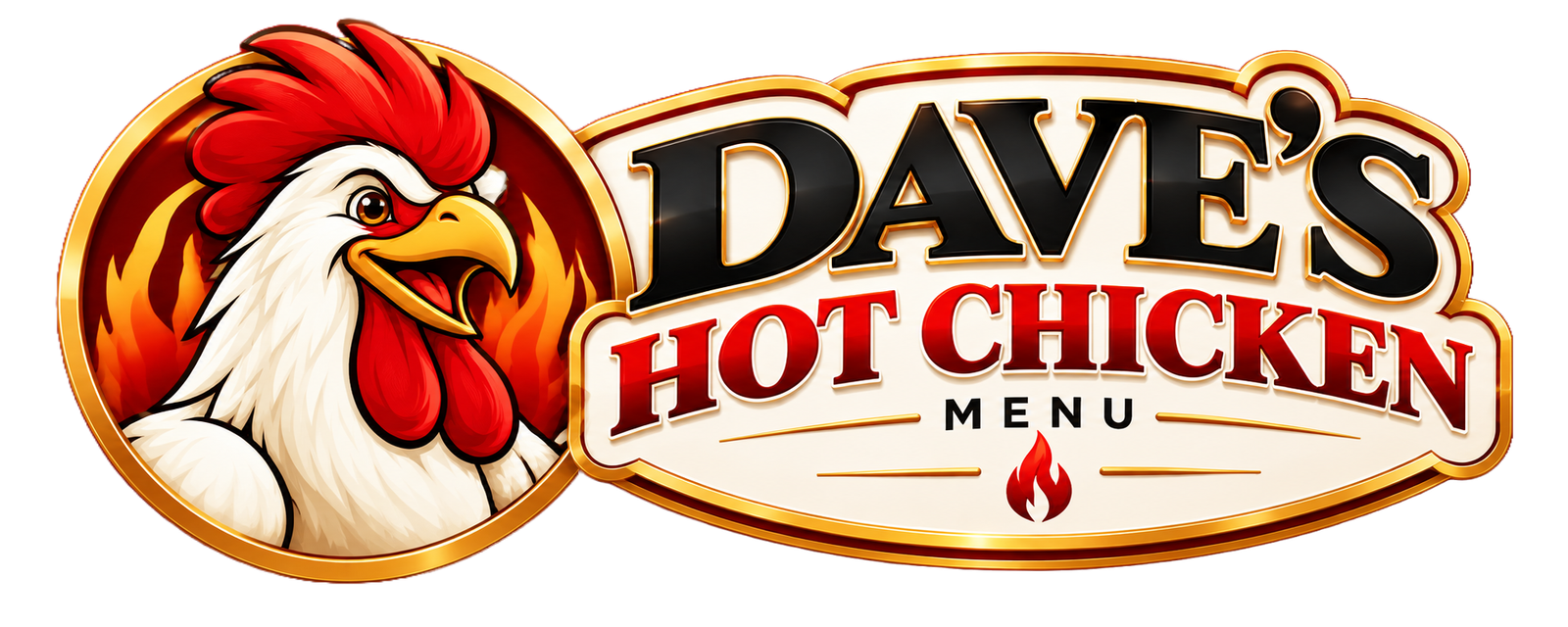 Dave’s Hot Chicken Menu logo featuring a cartoon rooster with red and gold restaurant branding